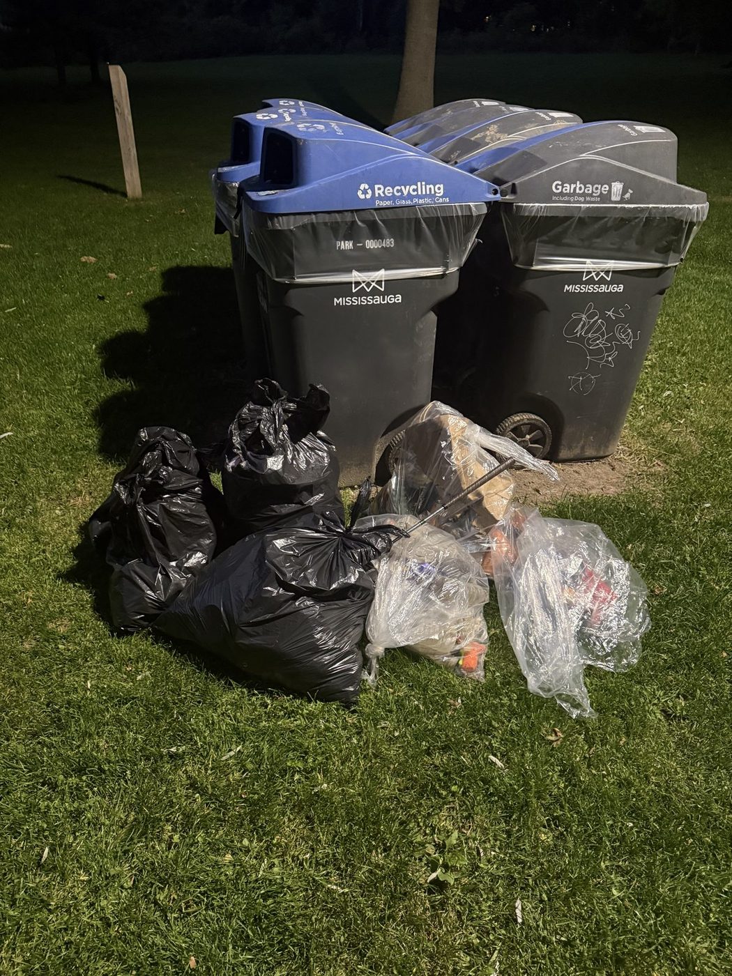 Bags of litter collected by volunteers at a Mississauga park cleanup